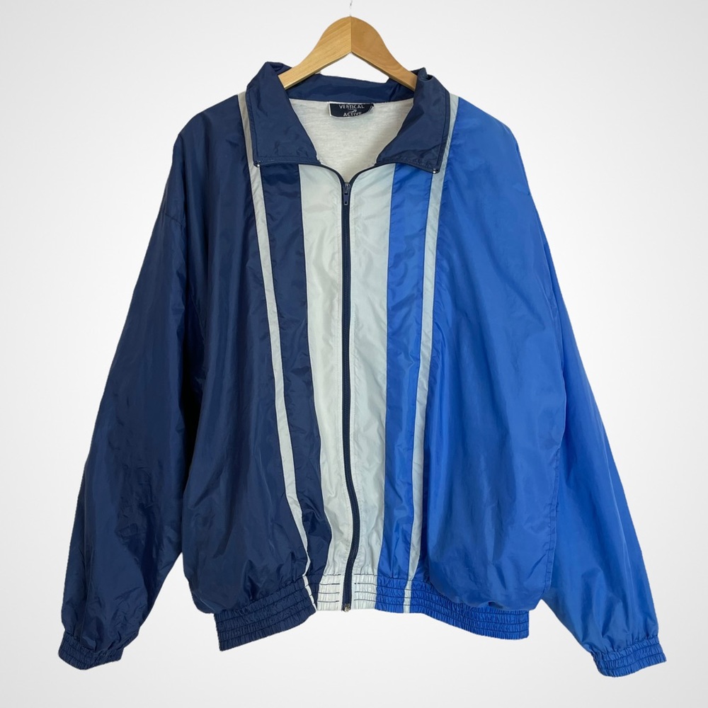 90s Vintage Nylon Striped Jacket Blue White Zipper Front Dad Windbreaker Outdoor